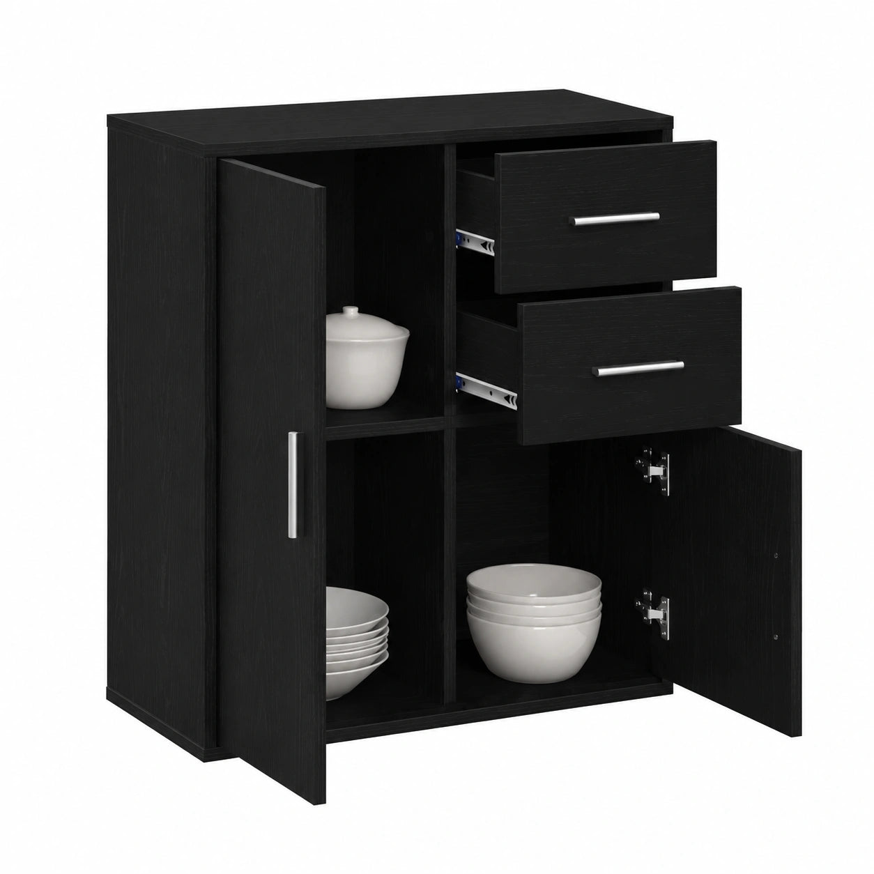 Moderner schwarzer Holzwerkstoff-Sideboard mit Eichenoptik, 60x31x70 cm