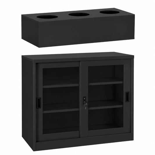 Metall Gartenschrank Anthrazit mit Schiebetür und Pflanzkasten, 90x40x113 cm, abschließbar, für Balkon und Werkstatt