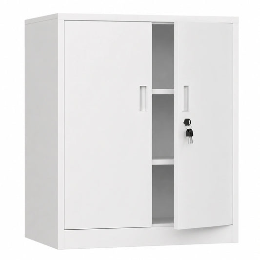 Metall Aktenschrank mit abschließbaren Türen und verstellbaren Einlegeböden, 92x80x40cm, Weiß