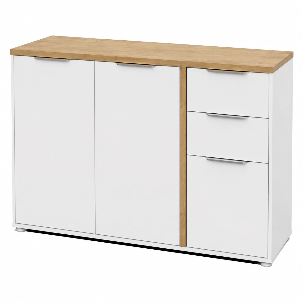 Demeyere Skandinavisches Sideboard, 3 Türen, 2 Schubladen, Mattweiß & Eiche, 121,5 x 39,6 x 85,6 cm