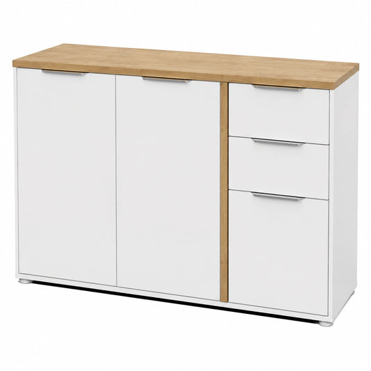Demeyere Skandinavisches Sideboard, 3 Türen, 2 Schubladen, Mattweiß & Eiche, 121,5 x 39,6 x 85,6 cm